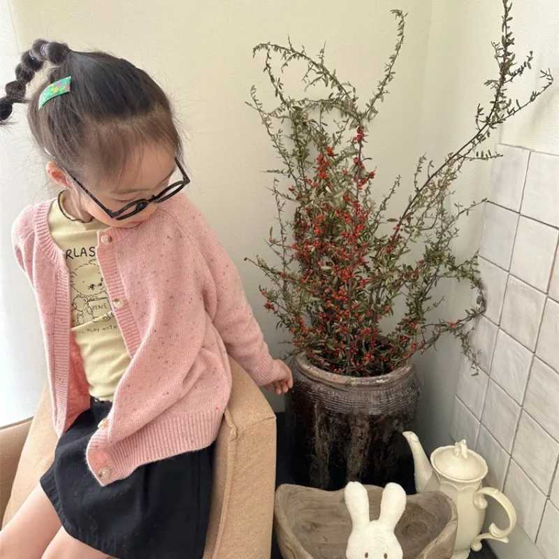 2024 spring girls colorful dot knitted Cardigan children soft loose sweater CoatXJ240819
