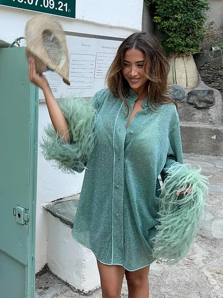 Fashionable shiny feather patch womens solid shirt fashionable stand up collar single breasted top 2024 womens holiday beach coat 240820