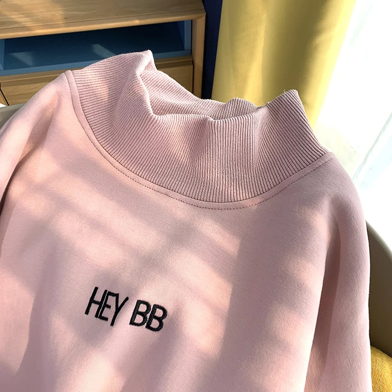 Womens Fleece Half High Collar Pullovers Letter Embroidery Simple Loose Sweatshirts Fall Winter Korean Style Chic T-Shirt 240819