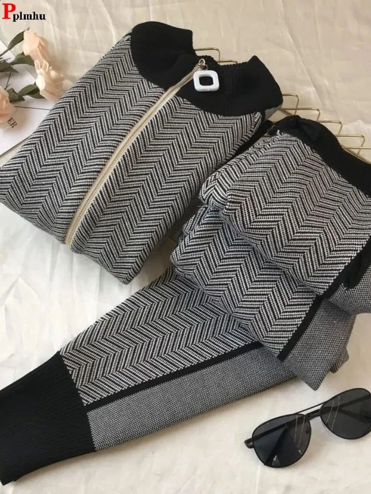 Winter Fall Stripe 2 Piece Sets Stand Collar Warm Cardigan Tracksuit High Waist Harem Pant Suits Knit Soft Korean Conjuntos 240819