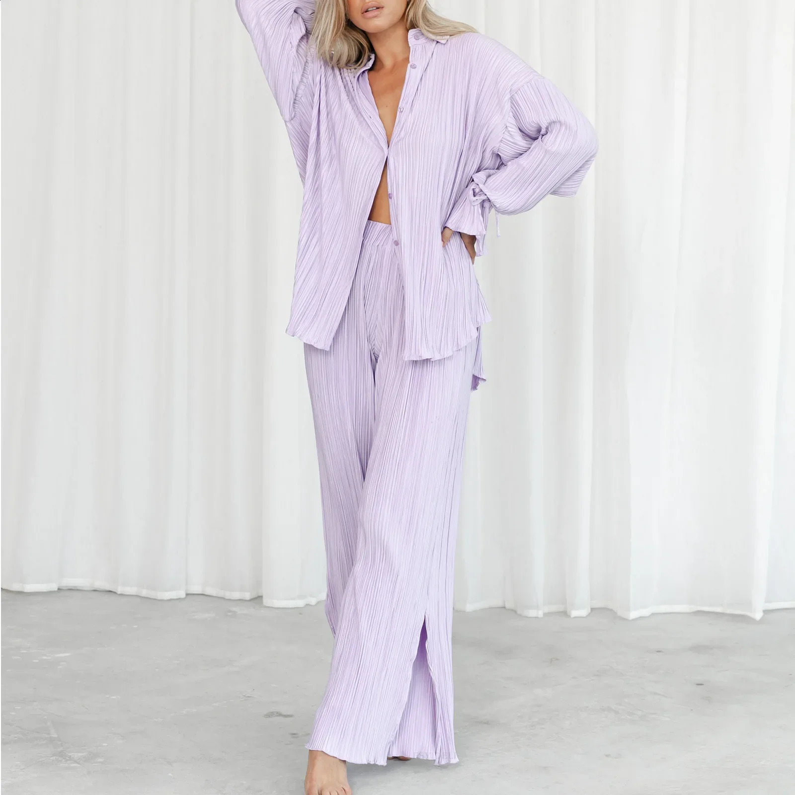 Womens Spring and Summer Suit Pleated Shirt Long-sleeved Lapel Cardigan Slit Two-piece Set 240819
