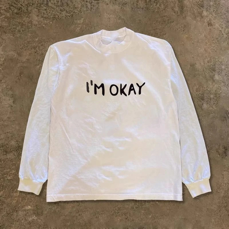 Pure Cotton Im OK Graffiti Pattern Printed Round Neck T-shirts for Men Trendy Y2k Spring Casual Thin Long Sleeved Couple Tops 240820