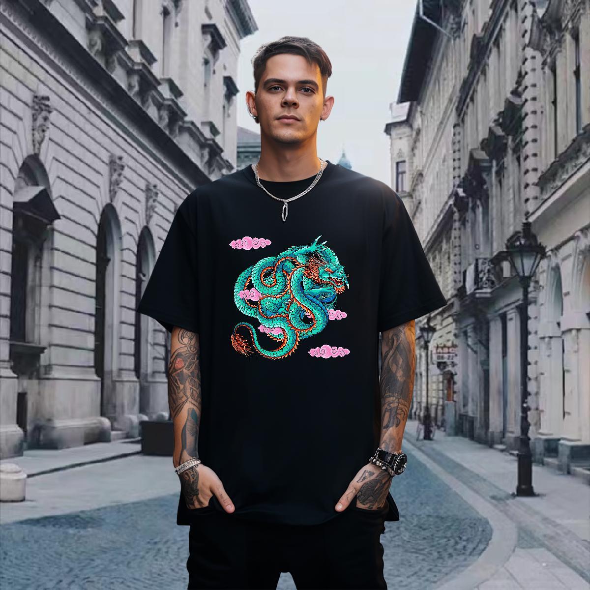 T Shirts Men 100% Cotton 230g dragon Hip Hop Breathable Short Sleeve Custom Print Oversized Tshirt for Man Woman 2024 Summer Popular Tees