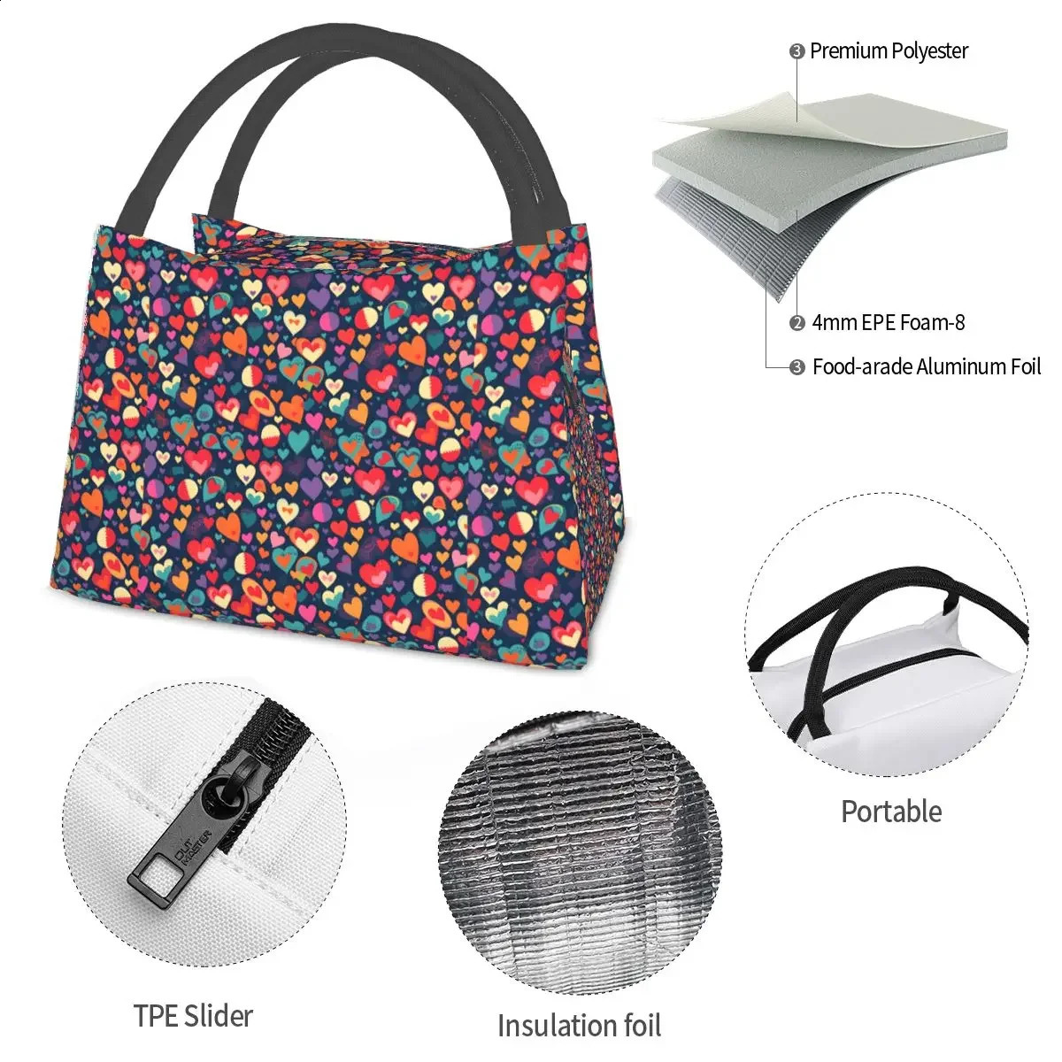 Colorful Heart Shape Lunch Bag Pattern Geometric Love Lunch Box School Portable Cooler Bag Print Thermal Tote Handbags 240819