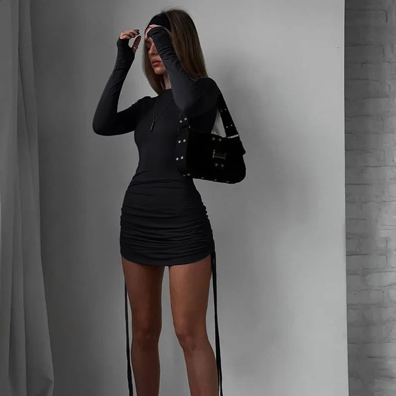 Elegant Back Ruched Mini Dress Club Outfits for Women Sexy Bodycon Long Sleeve Dresses Solid Casual Vestido 240819