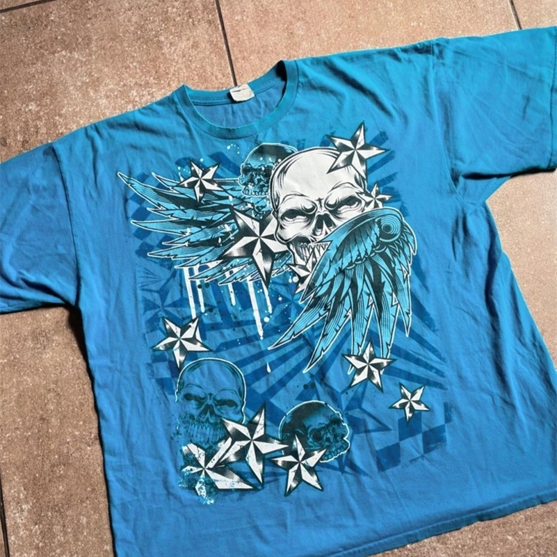 Harajuku Y2K American Gothic Skull Wings Printed T shirt Men Summer Cotton Sweatshirt Hip-hop Rap Women Tops Oversized t shirt 240819
