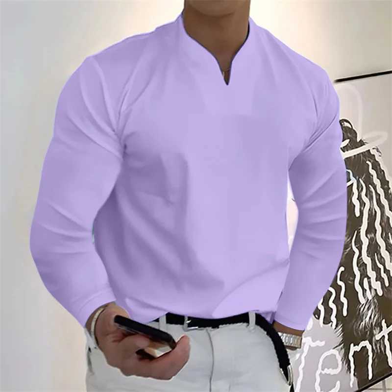 Men Causal V-neck Base Shirt Business Fashion Loose Long Sleeve Tee Plus Size Solid Color Simple Comfortable Elastic Fitness TopXJ240819