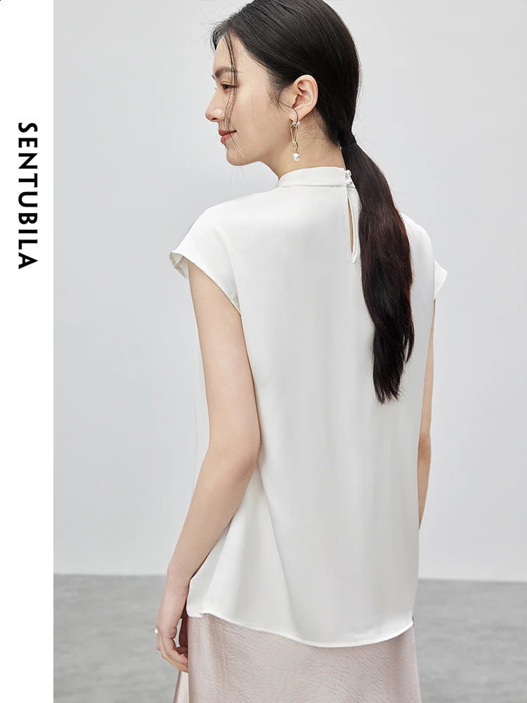 SENTUBILA Elegant Stand up Chiffon Shirt and Summer Loose Simple Short Sleeve Top Womens Zipper 142V53541 240814