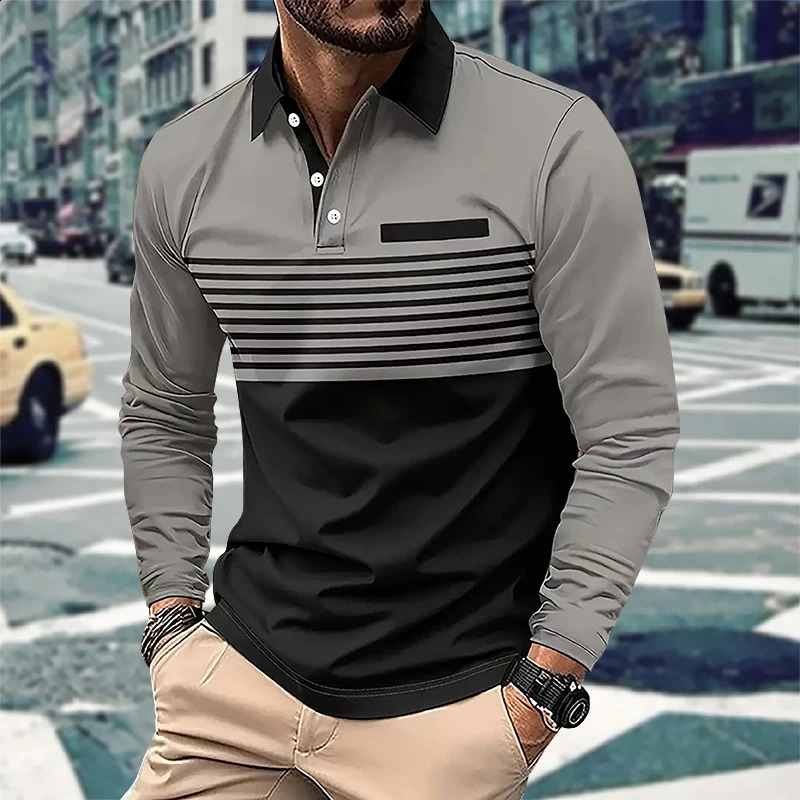 Mens Business Casual Polo Long Sleeve T-shirt spring and autumn 3D stripe printing Comfortable and Breathable Top 240820
