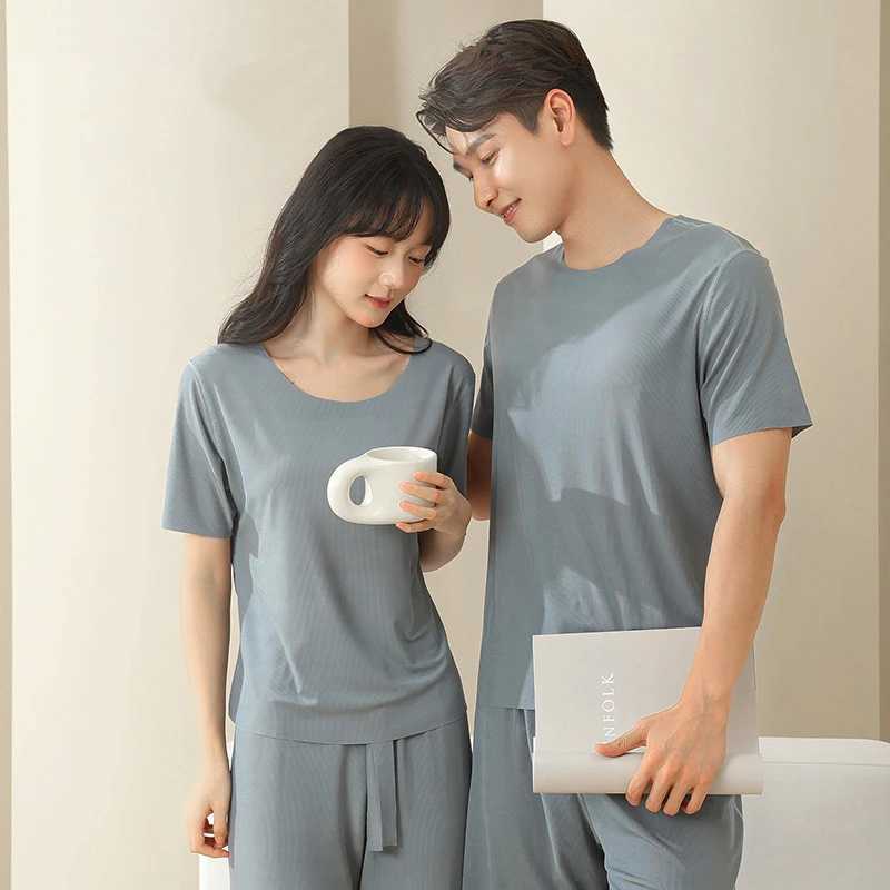Pajama set for men and women matching casual wear summer short solid couple pajamas Korean soft fashion pajamasW240719