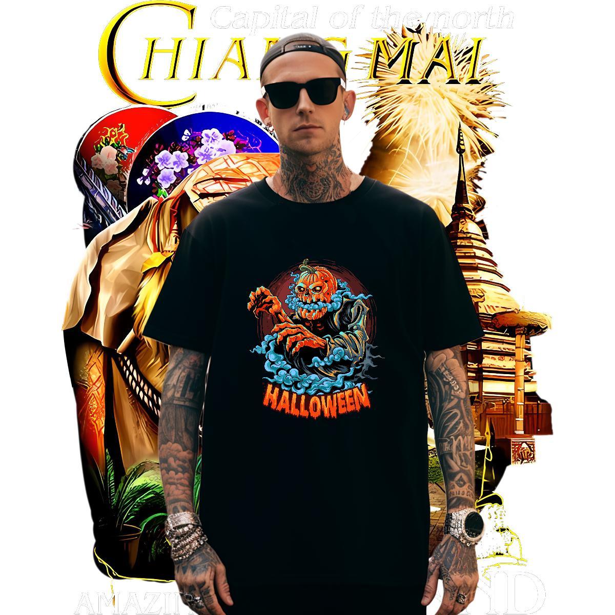 Comfortable Men T Shirts pumpkin Short Sleeve O-Neck Casual Daily Wear Anime Print 230g 100% Cotton Men Tees 2024 Designer Tees Shirts