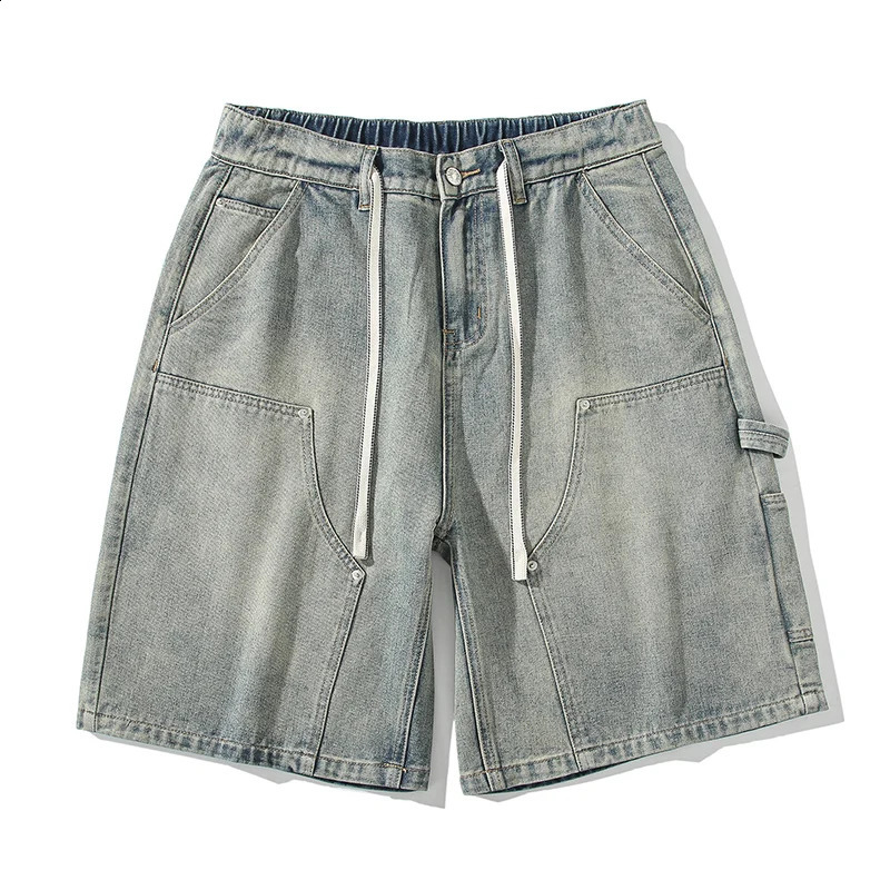 Summer street goods shorts mens retro jeans washed yellow mud dyed casual loose straight wide denim 240819