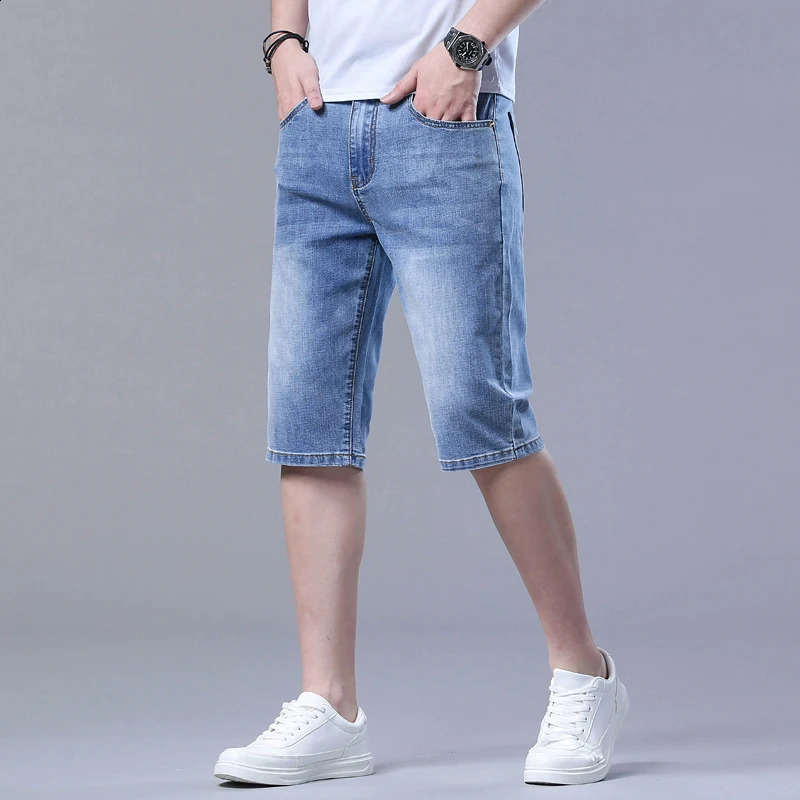 Summer slim fit elastic shorts jeans classic business style casual light blue soft cotton straight leg denim for men 240819