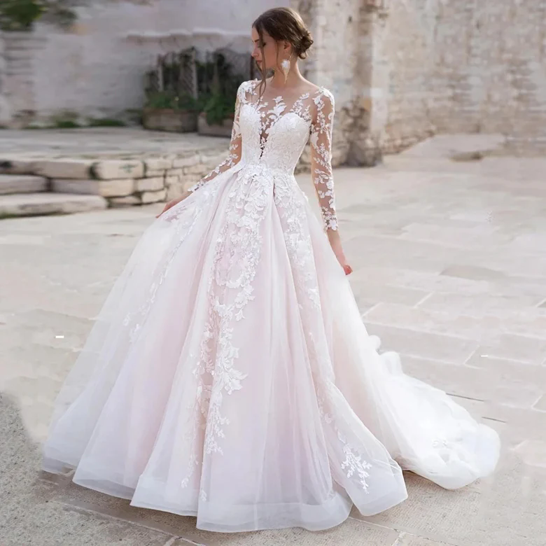 Cheap Illusion Vestido De Noiva Round Neck Ball Gown Princess Appliques For Luxury Wedding Dress Wedding Dress Sexy Mariee Back 01