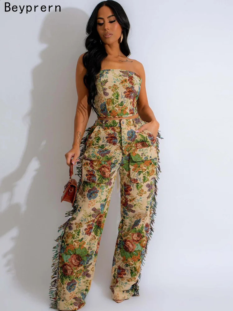 Beyprern Womens Flower Tube Top Original Edge Wide Leg Pants Set Fashion Jacquard Top Pocket Cargo Cart Set 2-piece Set 240819