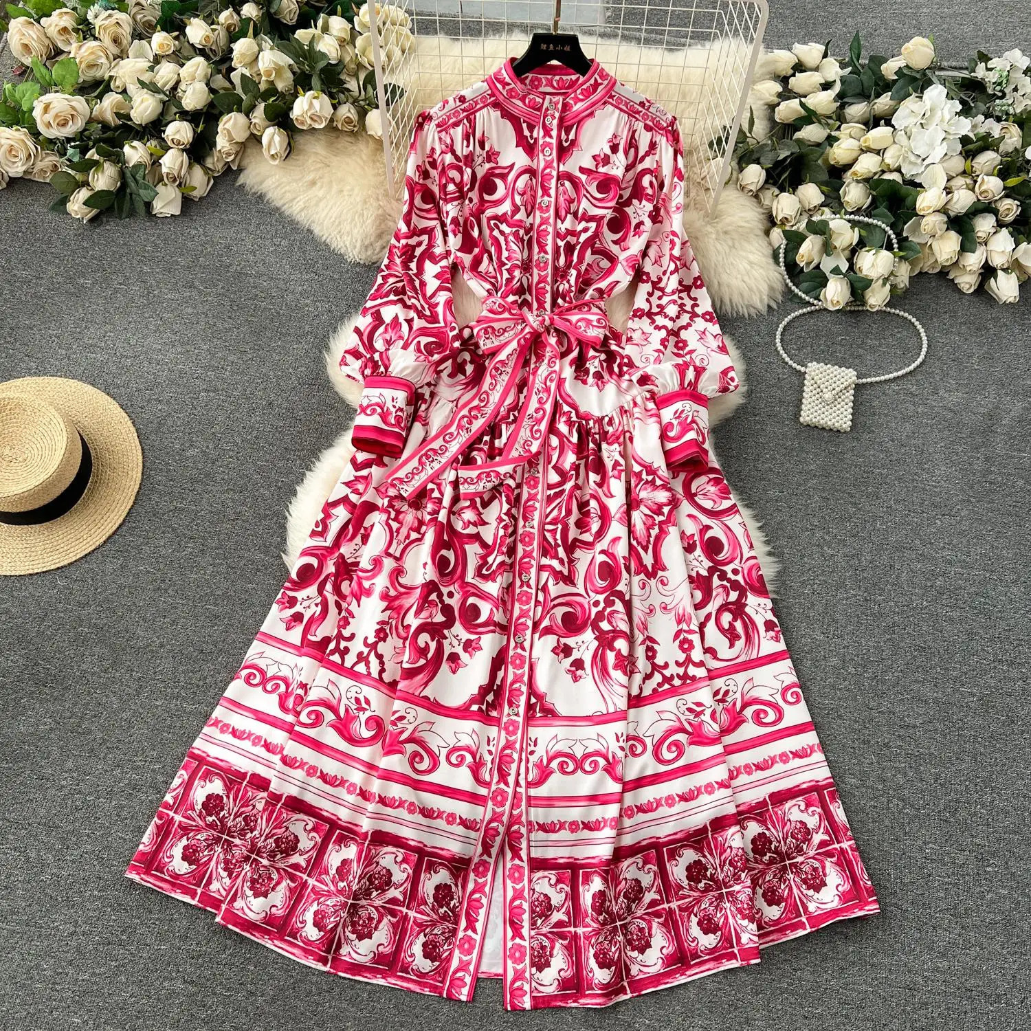 Spring Runway Blue and White Porcelain Dress Womens Stand Long Lantern Sleeve Flower Print Lace Up Beach Robe Vestidos