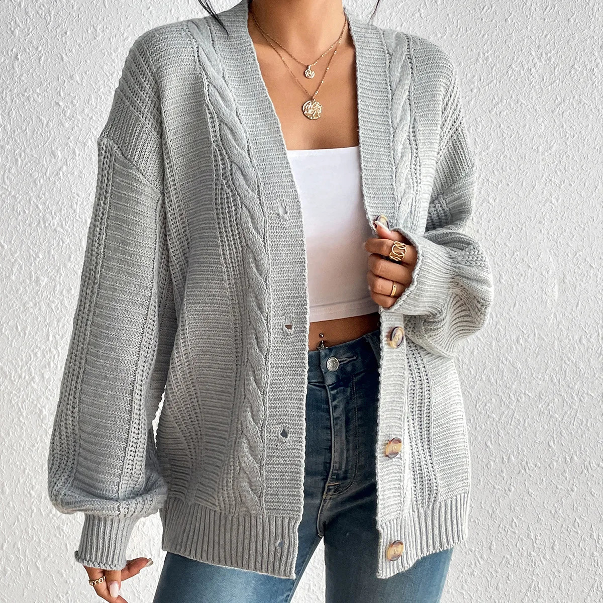 Vneck knitted cardigan womens autumn and winter thick American loose casual long sleeved solid color sweater jacket in 6 colors 240819