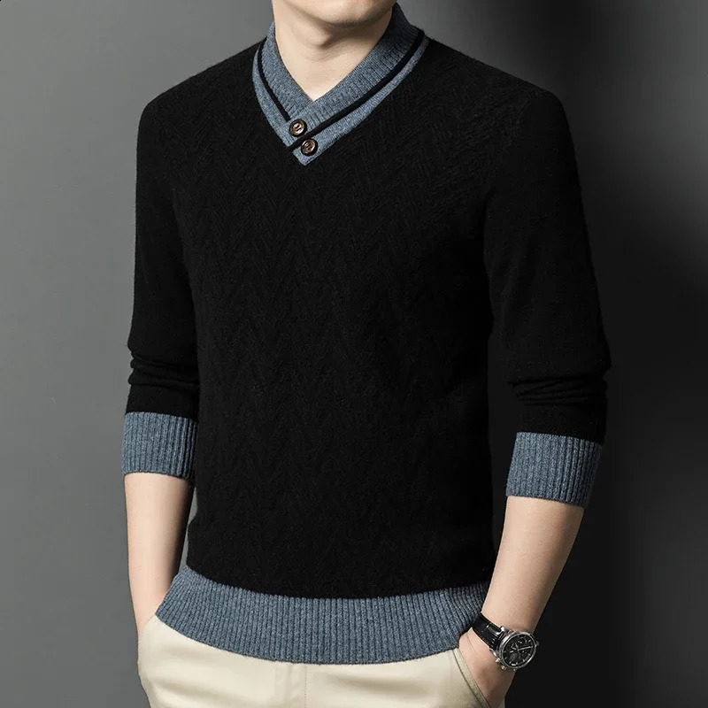 autumn and winter mens all wool Vneck button sweater knitted bottom casual warm fashionable floral clothing 240819
