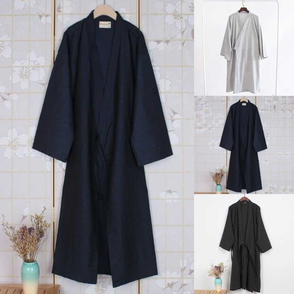 Mens casual solid color Japanese Yukata kimono pajamas long bath robe pajamas lace cotton pajamas loose clothingW240719