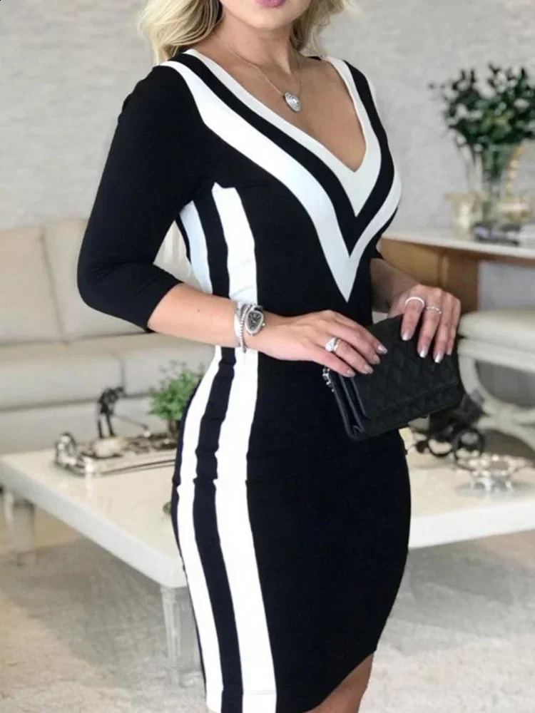 Contrast Color Striped Tape Bodycon Dress Women Sexy V Neck Long Sleeve Party summer Dress 240819
