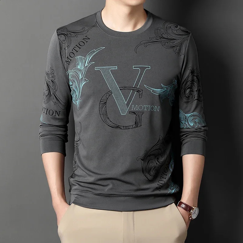 Long sleeved printed T-shirt for men Long sleeved polo shirt with round neck top for men 240820