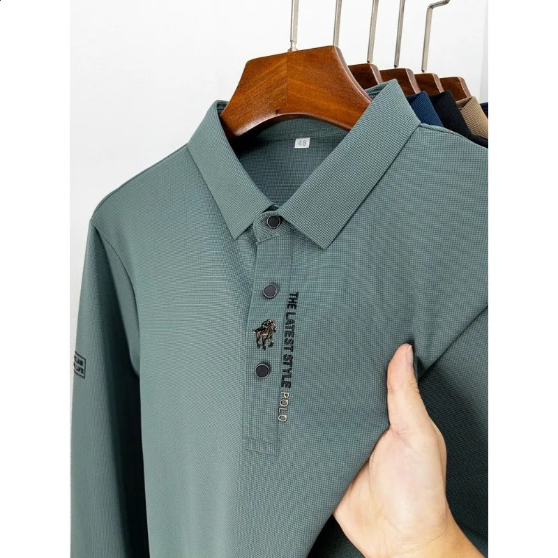 High Quality Autumn Business Solid Color Long Sleeve Polo Shirt Lapel Collar Men High-End Fashion Casual No Trace Printing 240820