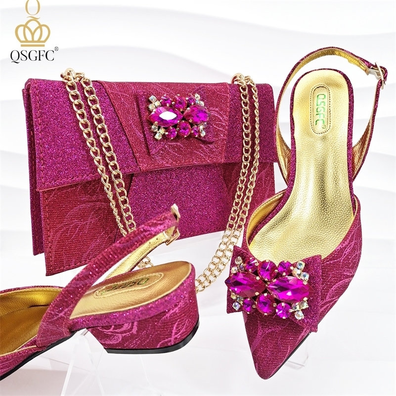 QSGFC Nigerian Elegant Mother Style Fuchsia Crystal Low Heel Shoes And Three-Dimensional Capacity Bag Womens Shoes 240724