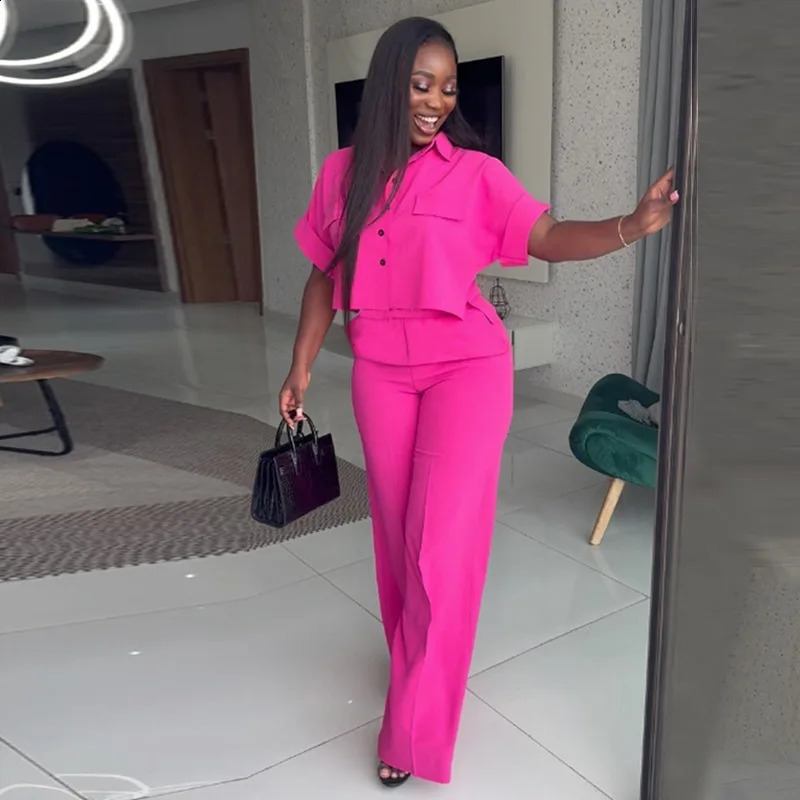 Tracksuit Women Pant Sets Single Breasted Solid Turn Down Collar Cardigan Bouses Button High Waist Wide Leg Pants Basics 240819