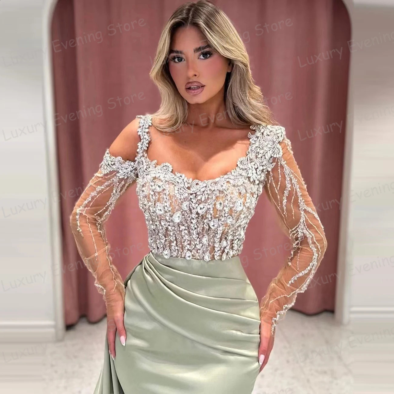 Modern Evening Dresses Womens Mermaid Sexy Sequined Prom Gowns Illusion Long Sleeve Party Elegant Formal Vestido Robe De 240819