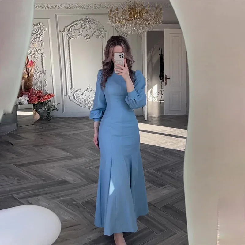 Autumn Elegant Solid Midi Dress Women Long Sleeve Slim Mermaid Spring French Vintage Wedding Party Vestidos Robe Mujers 240819