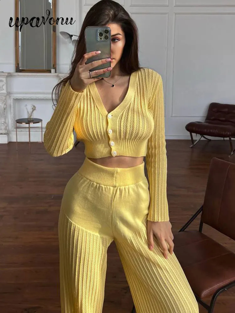 Sexy Hollow out Knitted Pants Sets Womens Long Sleeve Single breasted Short Knitted Sweater Cardigan Flare Pants Two Piece Set 240819