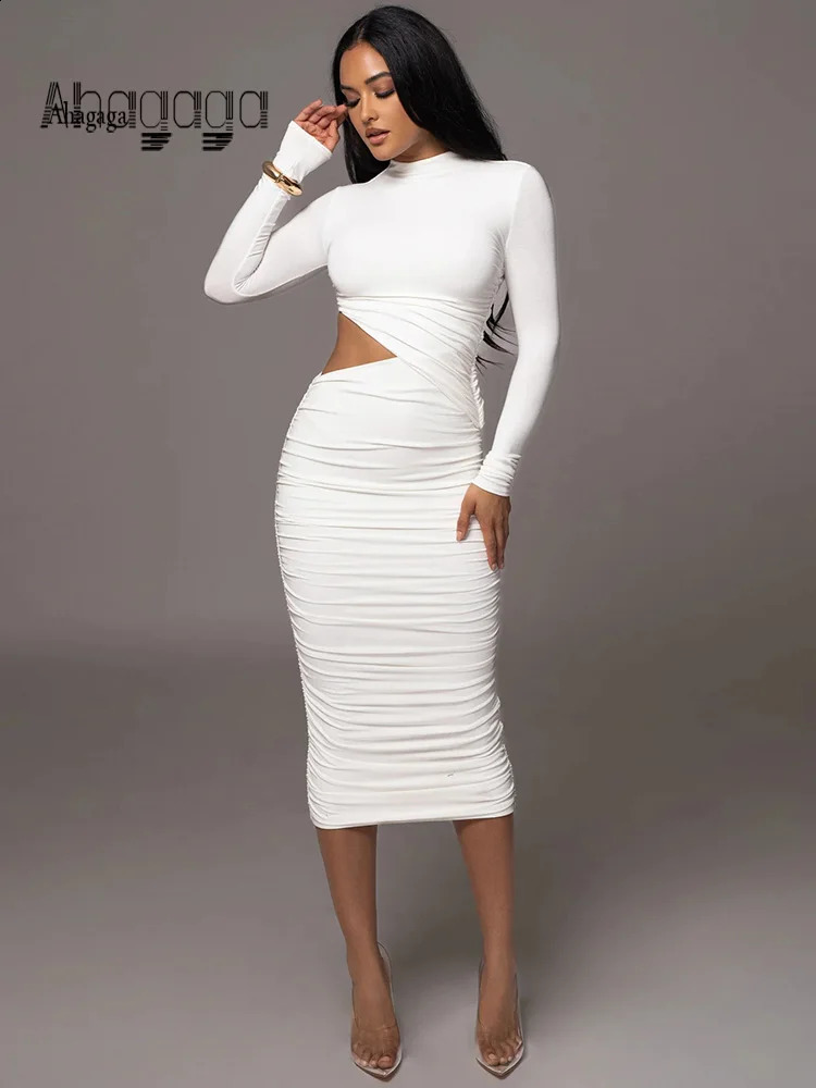 Ahagaga Fashion Sexy Club Hollow Out Dresses Women Regular Casual Solid O-neck Long Sleeve Slim Bodycon Elegant Vestidos Robes 240819