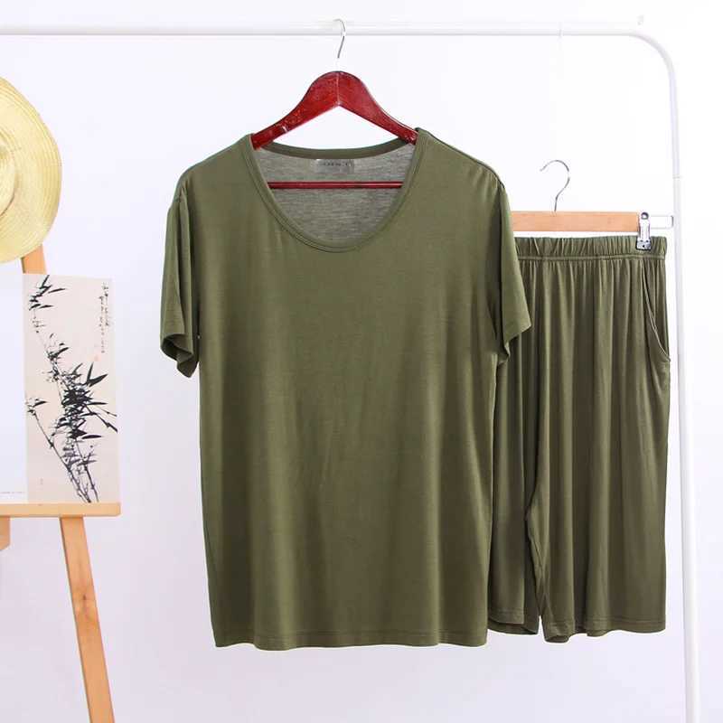 Summer Modal Pajama Set Thin Short sleeved T-shirt Short sleeved Mens Casual Set 2-piece V-neck Solid Color Home ClothesW240719