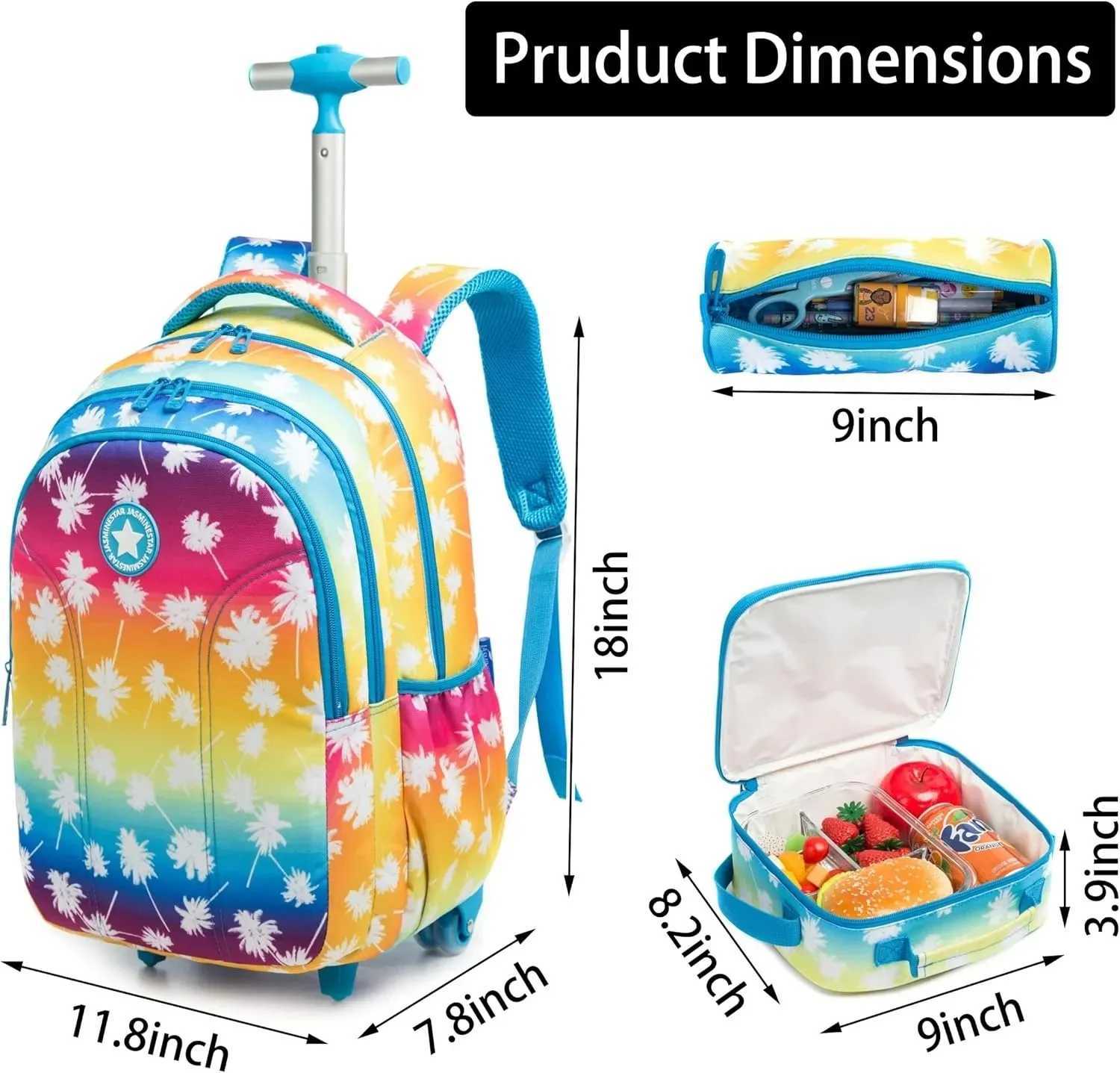 Childrens Wheeled Backpack Kids Bag Set with Food Bag School Backpack Girl with Wheels Rolling Backpack with School Wheels Y240820