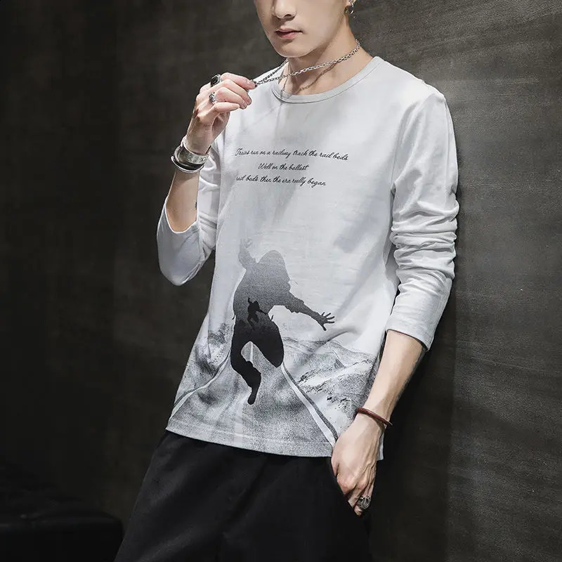 Spring Autumn Fashion Pure Cotton Round Neck Long Sleeve T-Shirts Mens Clothing Printing Letter Pullovers Korean All-match Tops 240820