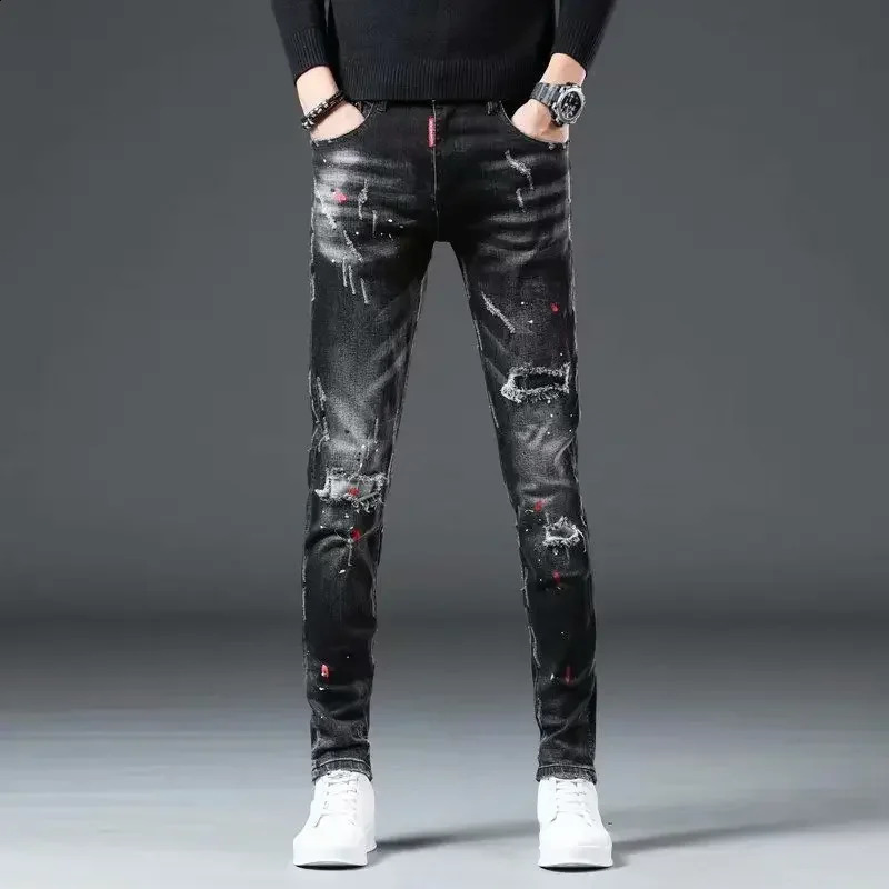 Trousers Ripped Torn Patch Man Cowboy Pants Slim Fit with Holes Mens Jeans Tight Pipe Skinny Broken Korean Autumn Goth Xs 240819