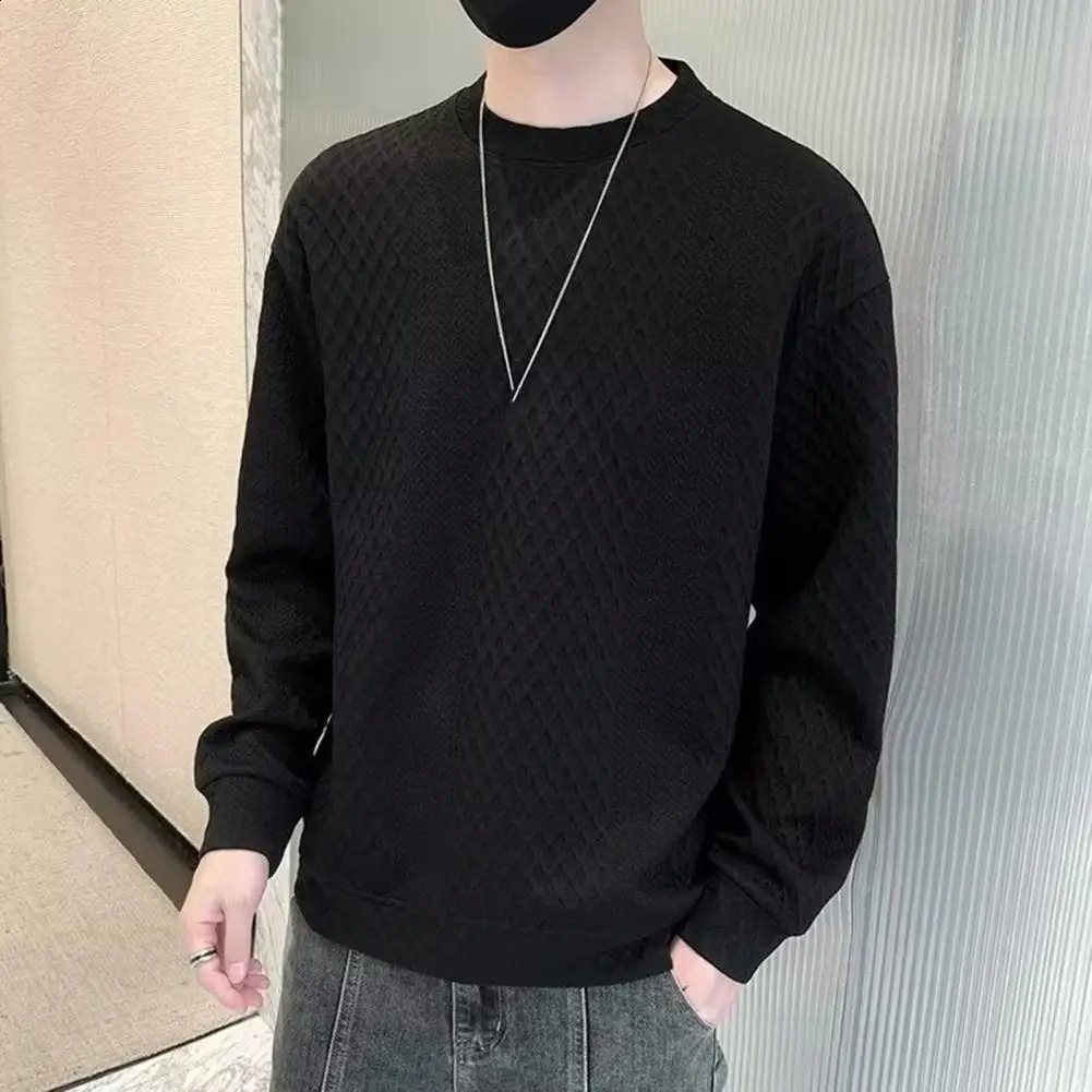 Mens daily sweater solid color comfortable mens winter thick knit round neck with waffle casual 240819