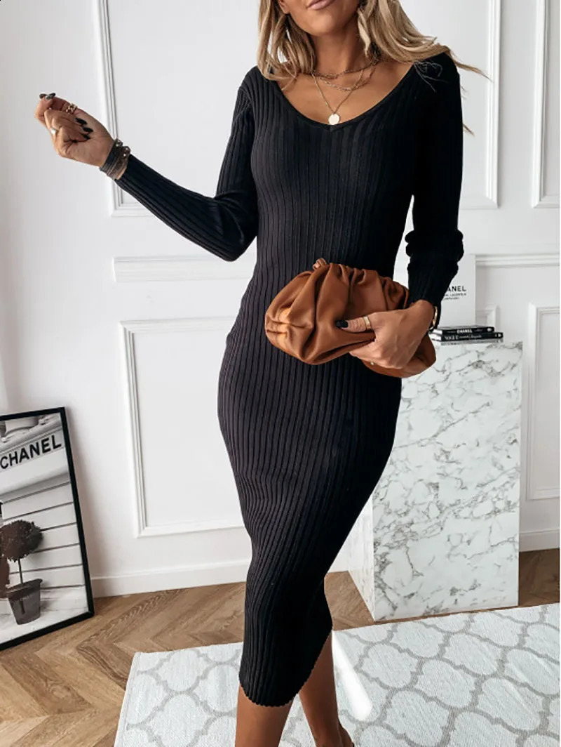 Women Ribbed Knit Long Sleeve Maxi Dress Slim Fit Solid Color Bodycon Pencil Long Dress Casual Fall Winter Clothes 240819
