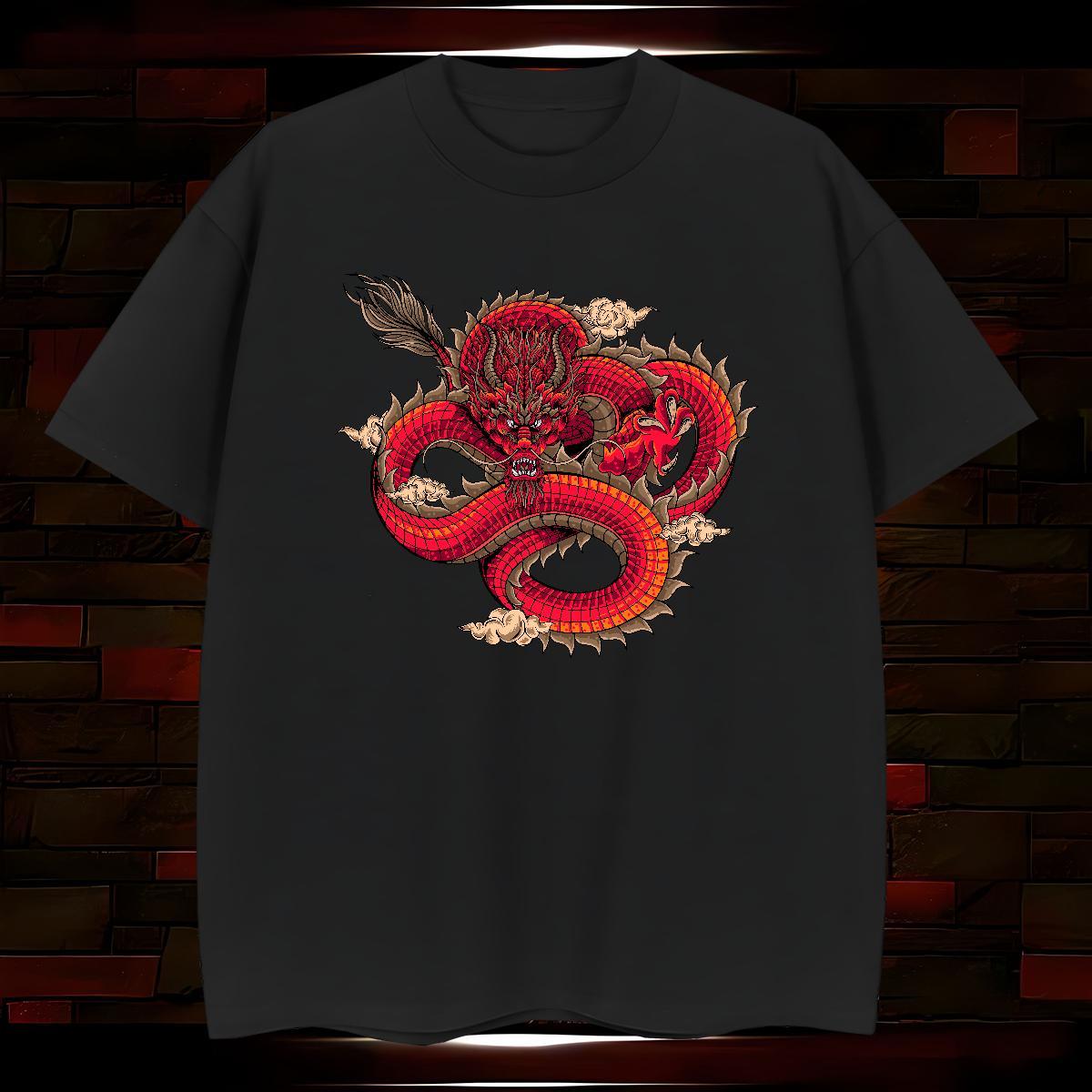 T Shirts Men 230g Pure Cotton dragon Sports Casual Crew Neck Breathable Cartoon Printing L-4XL Tshirts Fashion New Comfortable Clothes