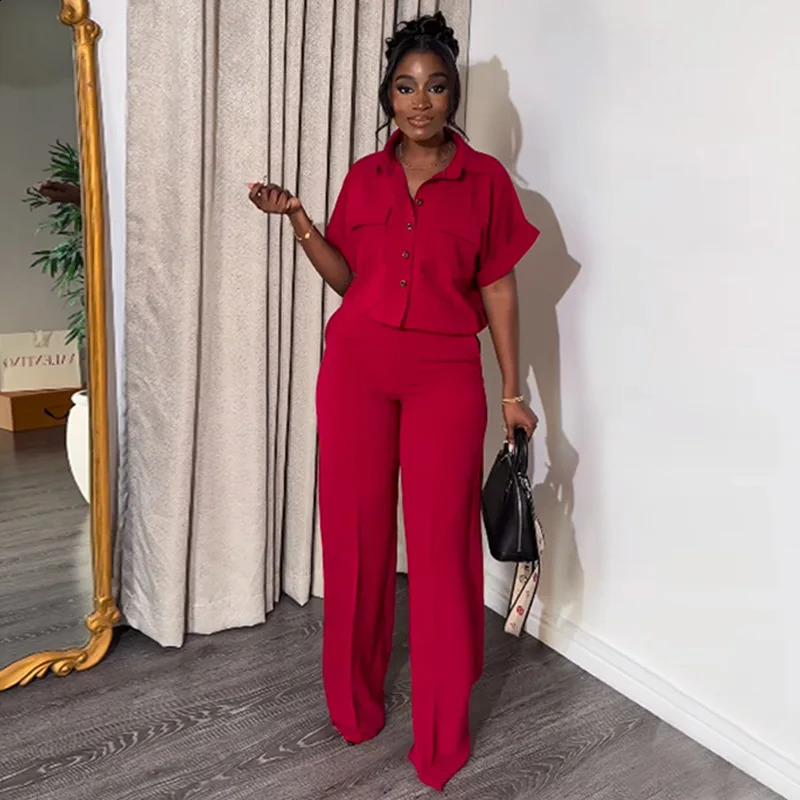 Tracksuit Women Pant Sets Single Breasted Solid Turn Down Collar Cardigan Bouses Button High Waist Wide Leg Pants Basics 240819