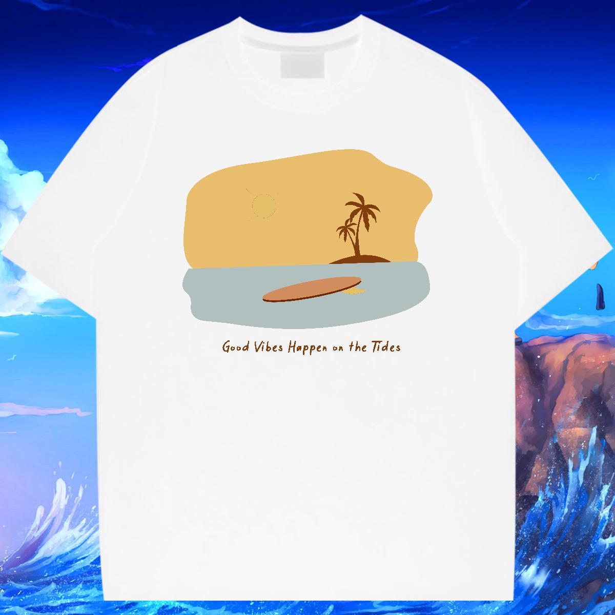 Unisex Tshirts Beach 230g Pure Cotton Customized Print Breathable Crew Neck wave Man T Shirts Classic Casual Clothes