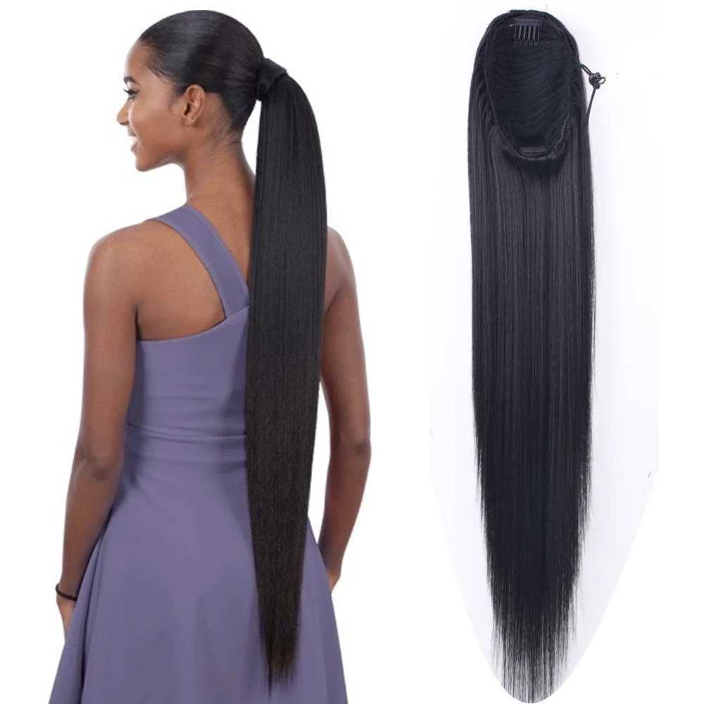 34 inch synthetic brushed ponytail with hair extensions clipped onto a fake wig long and smooth ponytail W240817