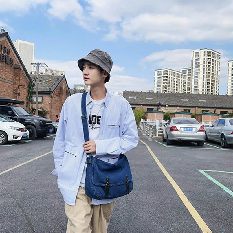 Denim Unisex Jean Campus Big Capacit Foldable Cover Crossbody Messenger Bag Handbags Letter Shoulder Shopper Laptop Female Purse 240819