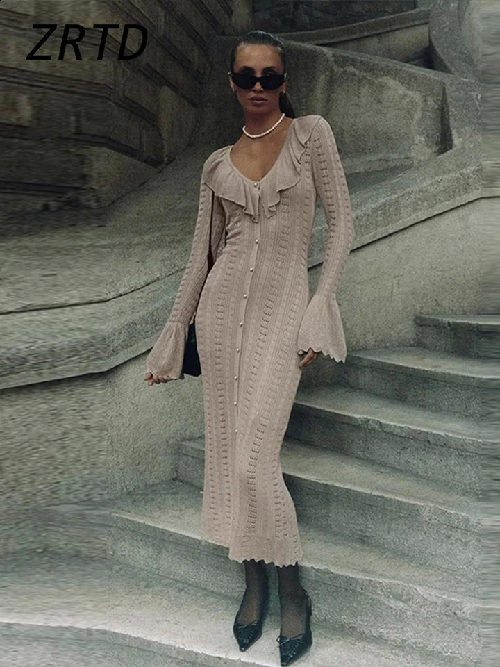 Elegant Knitted Lotus Leaf Collar Long Dress for Women Ultra Thin Checkered Sleeves Single Chest Hollow Autumn Womens Solid Robe 240819