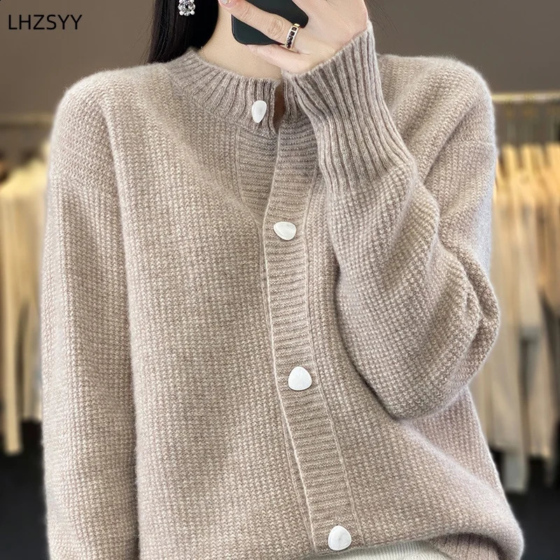 Womens 100% Merino wool knitted cardigan autumnwinter round neck casual jacket loose and warm womens top bottom shirt 240819