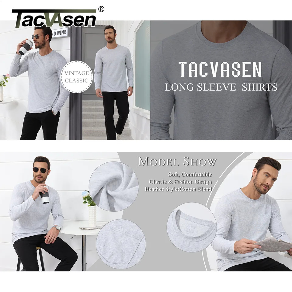 TACVASEN Long Sleeve Cotton T-shirts Mens Chest Pocket Casual T-shirt Moisture Wicking Crew Neck Basic Tee Tops Male Pullover 240820