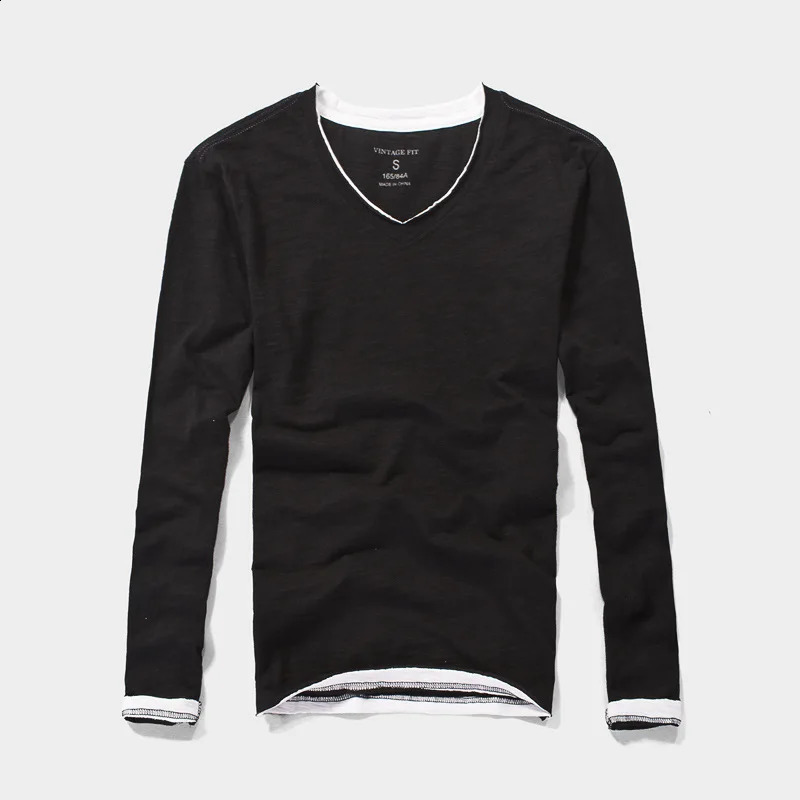 Fashion Mens T Shirt Vintage V-Neck Long Sleeve T-Shirts Male Casual Thin Solid Tee Tshirt Soft Comfortable Tops Clothing 240820