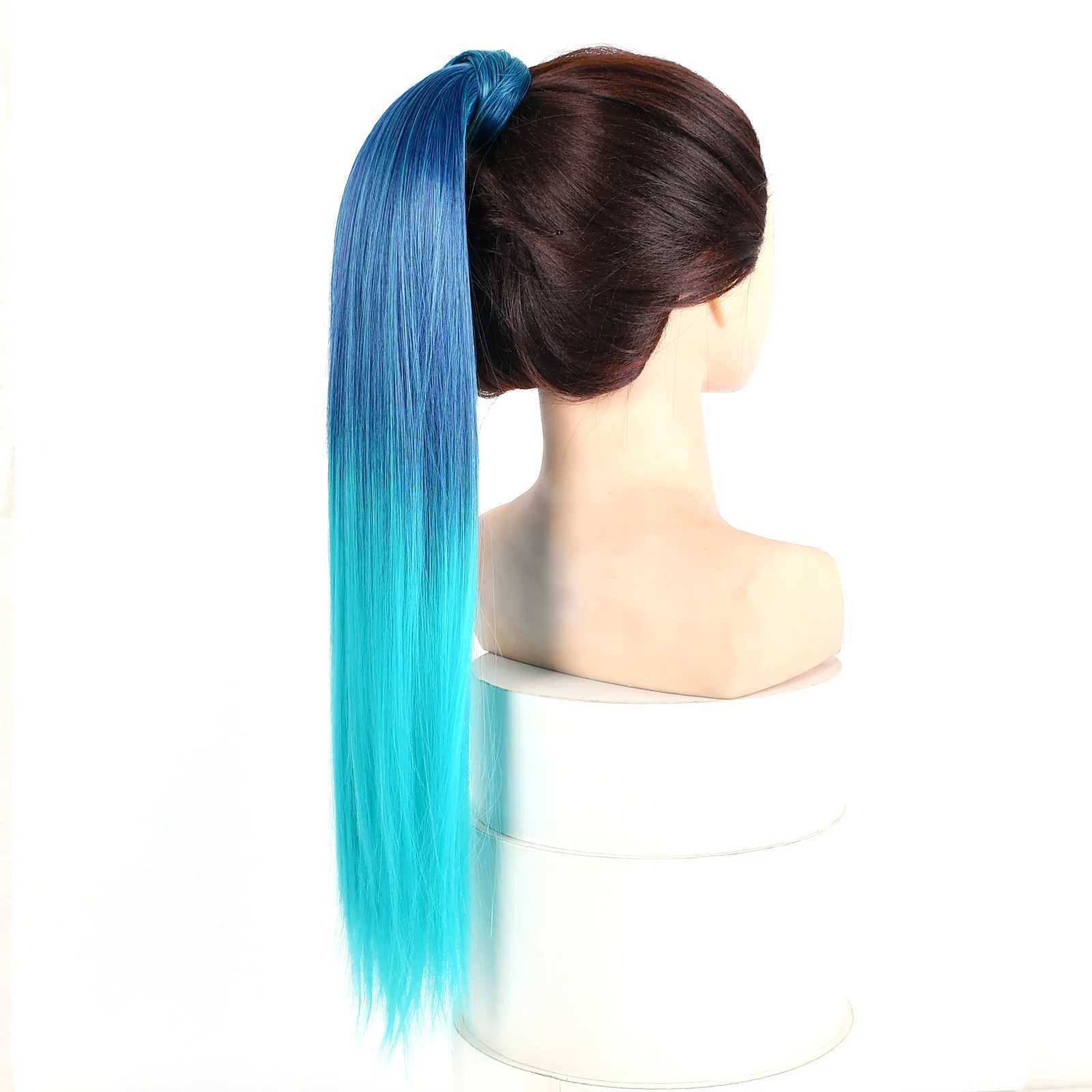 Zolins long straight synthetic ponytail with hair extensions wrapped around the ponytail. Green pink purple. Umbre girls hair W240817