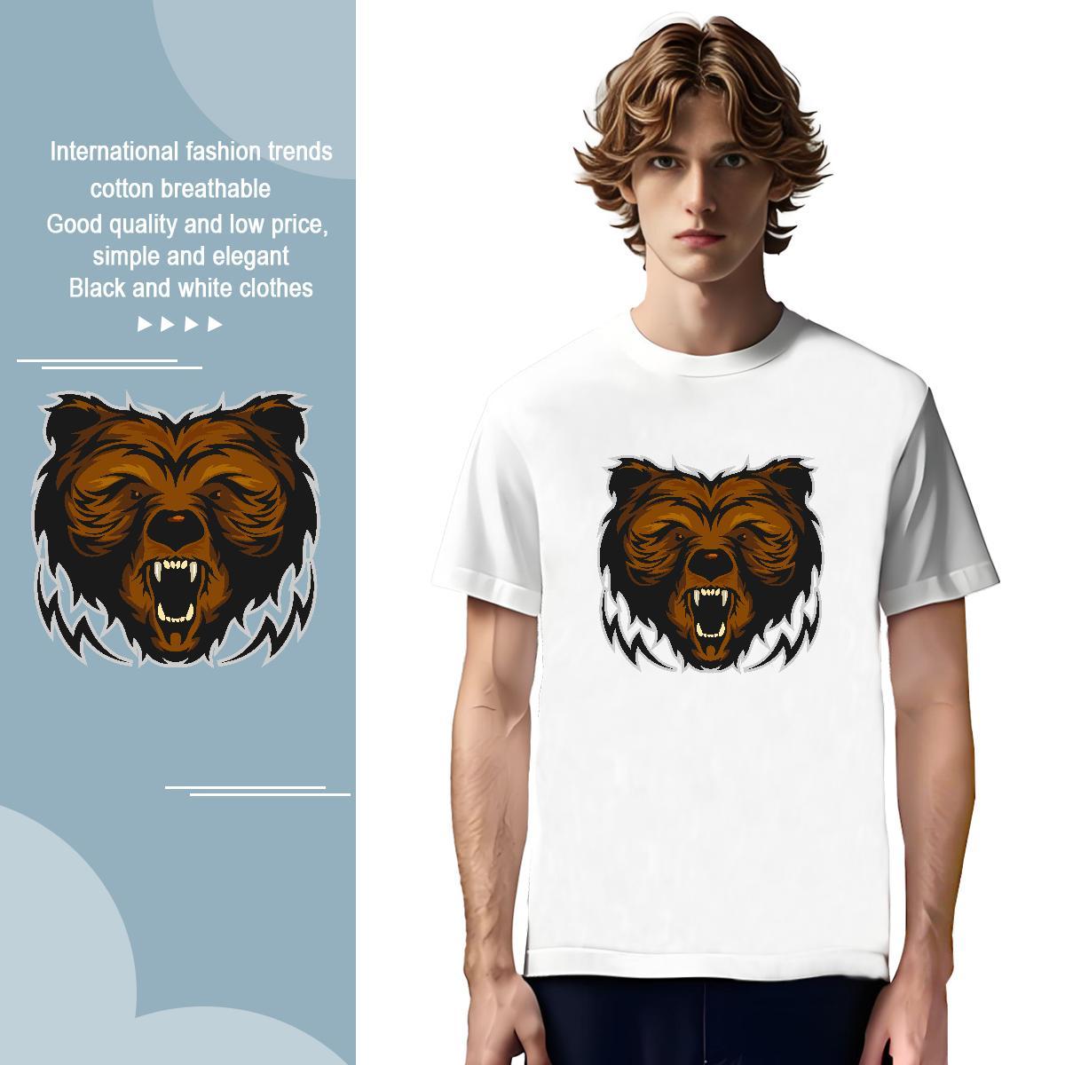 Classic T-Shirts for Men bear Pure Cotton Anime Printing Street Cartoon Print 230g Pure Cotton Men Clothes T-Shirt 2024 Tee Shirt