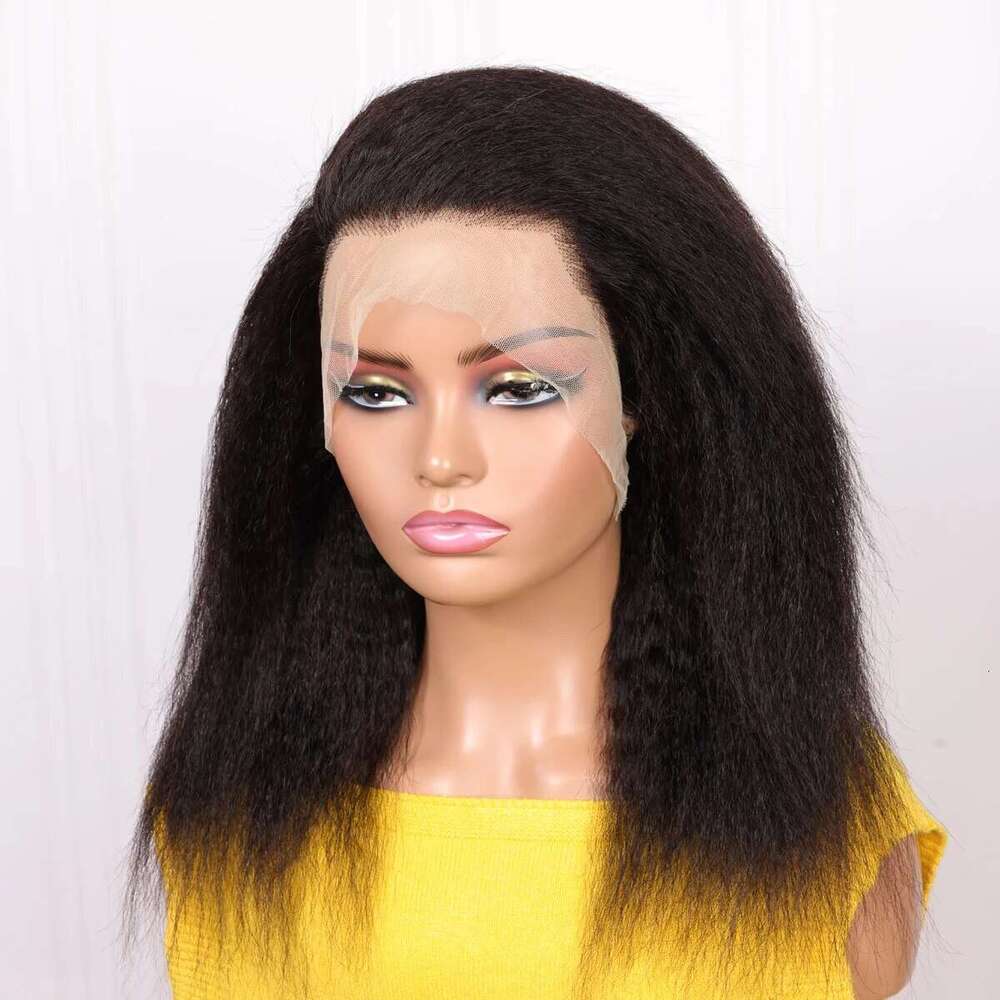 Soft Yaki Preplucked Middle Part Short Bob 16Inch 180Density Kinky Straight Synthetic Lace Front Wig With Baby Hair Glueless